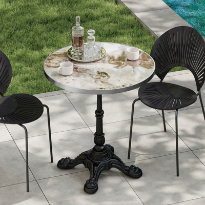 Marble-Look Sintered Stone Patio Table, 31.5" Round Outdoor Bistro Table with Sturdy Cast Iron Base