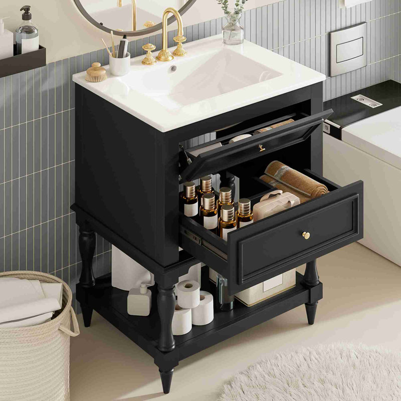 Meuble-lavabo de salle de bain avec tablette ouverte, Noir/or
