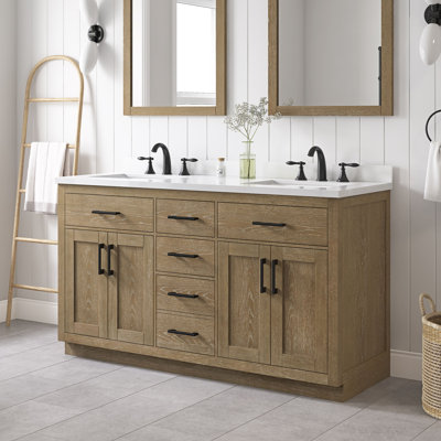 Meuble-lavabo autoportant à double cuve en chêne flottant avec plateau en pierre blanche Bailey 60 po Bailey