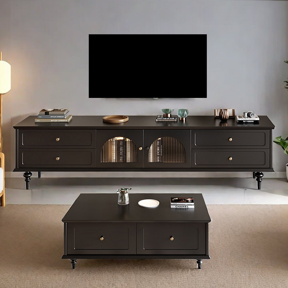 Aurora Craft Black Birch Wood TV Stand And Coffee Table Set 2 Piece