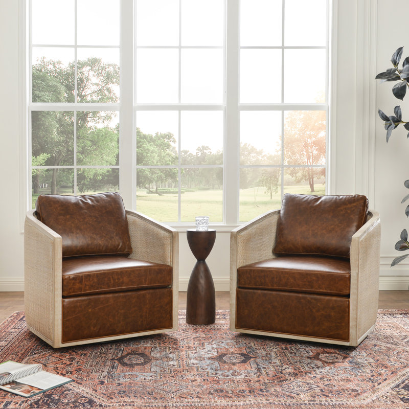 2 Pieces Genuine Leather Oak Wood Cane Swivel Barrel Chair, Coffee