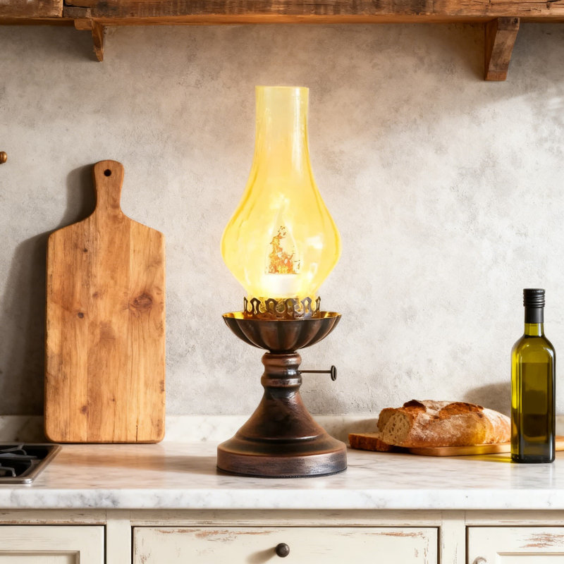 Vintage Table Lamp With Crackle Glass Shade, 3-Mode Dimmable Flame Effect Bulb Included, Retro Rustic Desk Lamp For Bedroom And Living Room Home Decor