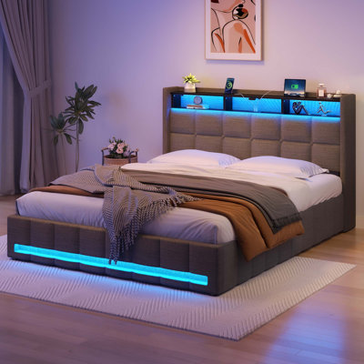 Jilissa Upholstered Bookcase Lift Up Storage Bed with Charging Station and RGB LED Lights