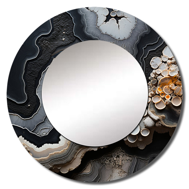 Grey Stone Geode Minimalism I - Spiritual Stone Decorative Mirror, Black Round Wall Mirror, Printed Metal Art, 36" x 36"