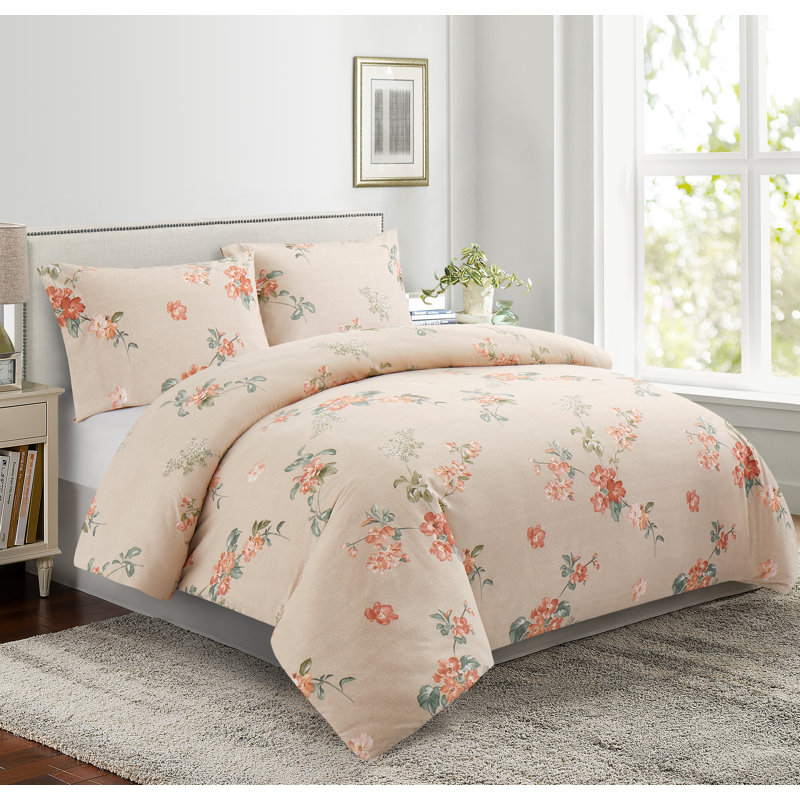 Ensemble de housse de couette avec housse de couette 4 pièces en rayonne de bambou Marina, Pêche / rose / vert / taupe floral