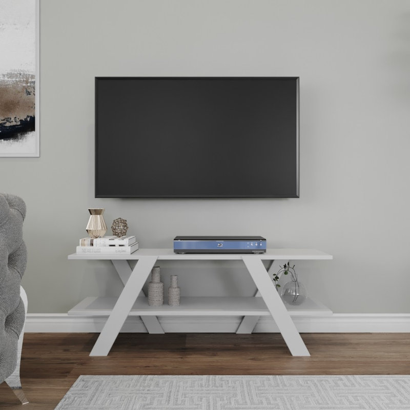 Scandinavian TV Stand, White, 47.2 x 13.0 x 11.8 inches | 100% Melamine Coated Particle Board, 0.71 inches Thick | Sturdy Metal Frame, Multiple Shelves, Wall-Mountable | Stylish Storage Solution for Modern Living Rooms