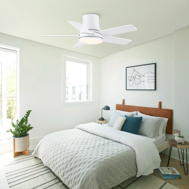 Cryise 42" Indoor Matte White Flush Mount Ceiling Fan With LED Light, Remote Control And 5 Two-Tone Blades, White, 42" Wide