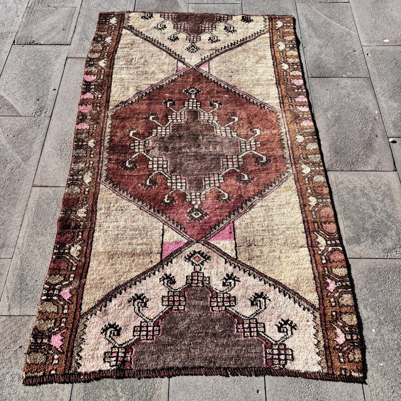 Tapis turc Anatolian en laine rétro brun idéal pour la chambre de bébé et la maison