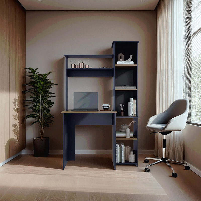 Bureau d'écriture, bureau moderne bleu marine avec deux tablettes supérieures et cinq casiers ouverts, Marine