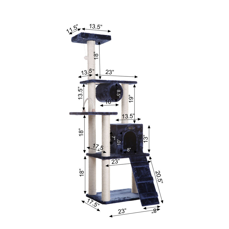 Navy Blue Sisal and Faux Fur Multi-Level Cat Tree Tower