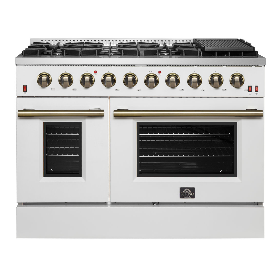 Forno Galiano 48-inch Gas Range in white, black, blue or red, 8 Burners, 107,000 BTU, Griddle, 6.58 Cubic Feet Double Ovens Forno 