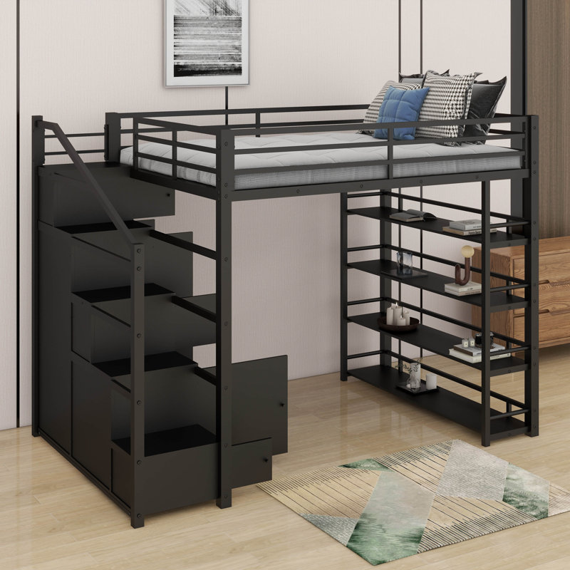 Lit mezzanine double en métal avec tablettes et garde-robe