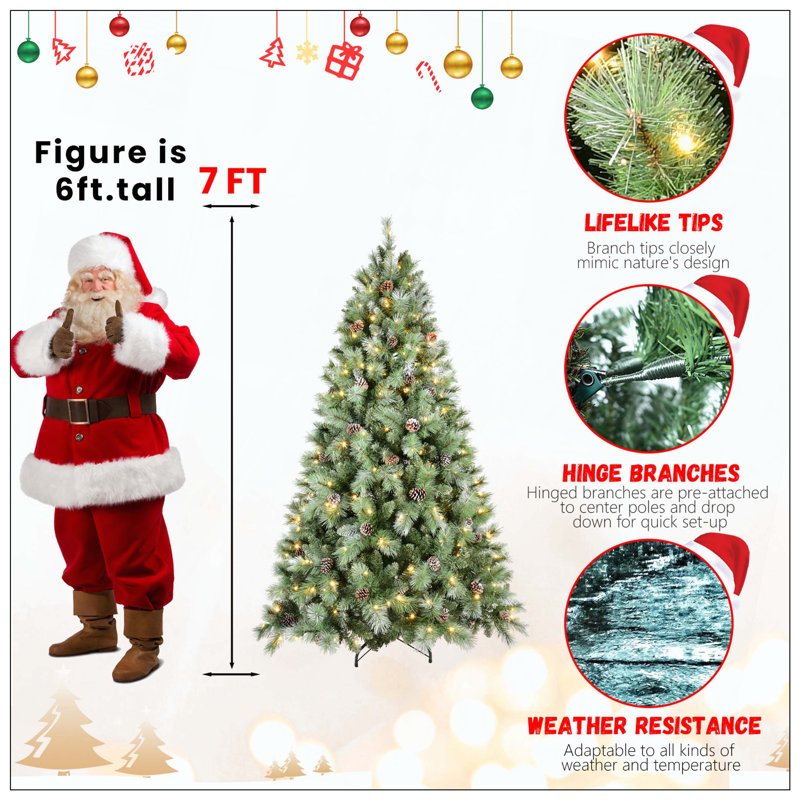 Arbre de Noël avec 400 lumières DEL blanc chaud - 1348 pointes en PVC et aiguille dure, 82 pommes de pin, conception à branches articulées, support en métal robuste, arbre de Noël réaliste