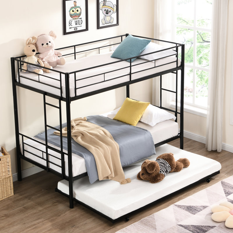 Lit superposé simple au-dessus d'un lit gigogne en métal avec ajout de chambre à coucher noir et moderne pour plus de confort, conception peu encombrante, structure en acier, performance silencieuse et stable, escalier sécuritaire, processus d'assemblage simple, pas de sommier tapissier