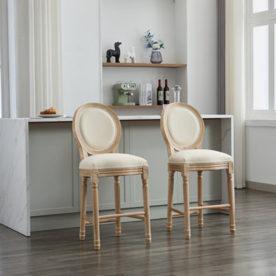 Solid Wood Bar Stools Set Of 2, Classic French Country Wooden Barstools With Upholstered Seating