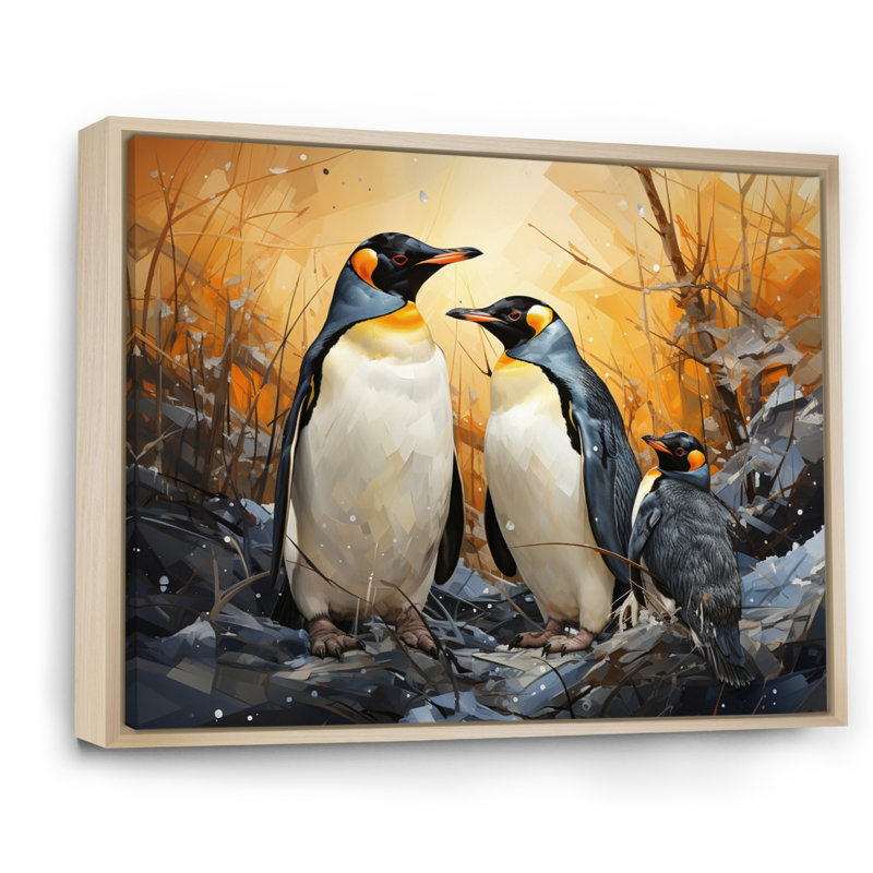 Multicolor Geometric Penguins Journey II - Animals Wall Art Living Room, Cadre naturel flottant, H 16 po x l 32 po x P 1 po
