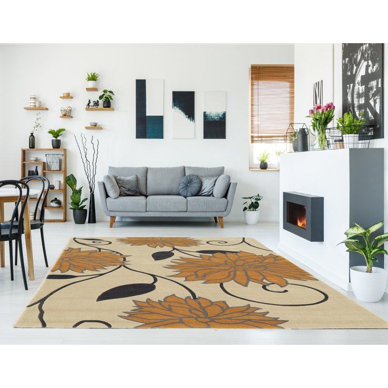 Tapis fait à la main Marisela ivoire et souci, Rectangle 5 pi x 7 pi