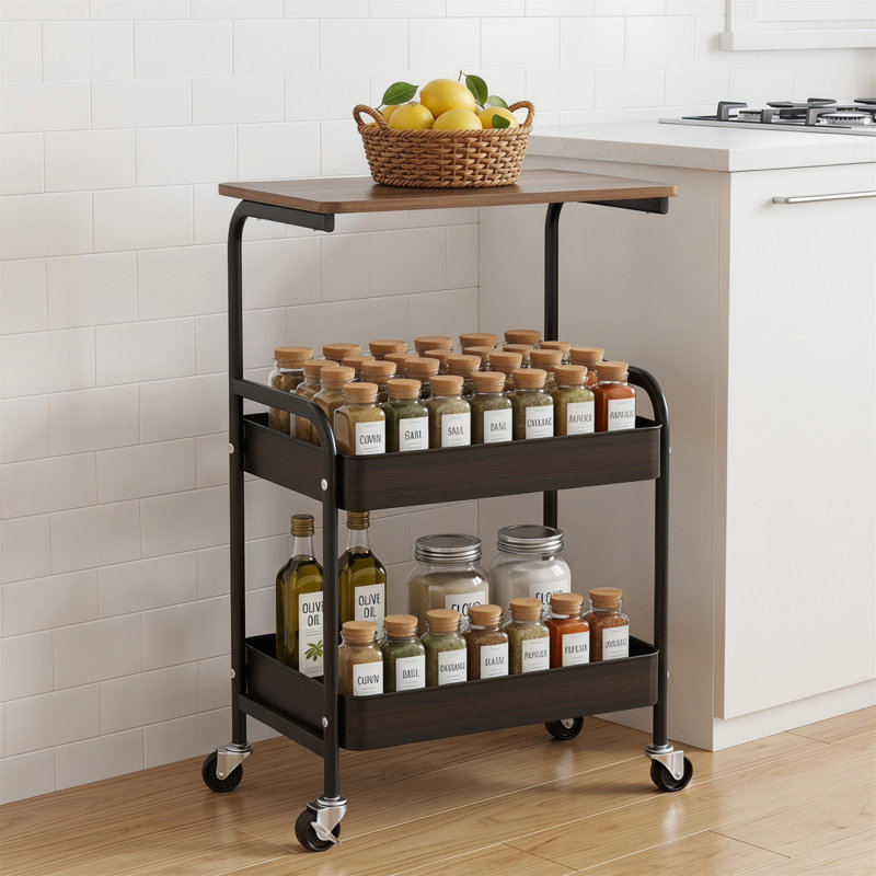 Chariot utilitaire roulant avec bureau en bois, organisateur en métal à 3 niveaux sur roulettes verrouillables, support d'imprimante mobile pour la cuisine, le bureau