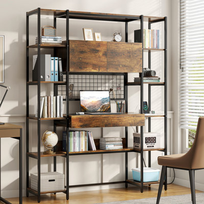 Multi-functional Led Desk With Bookshelf, 55" Freestanding Home Office Workstation With Power Strip, Drawer, And Open Shelving For Small Spaces