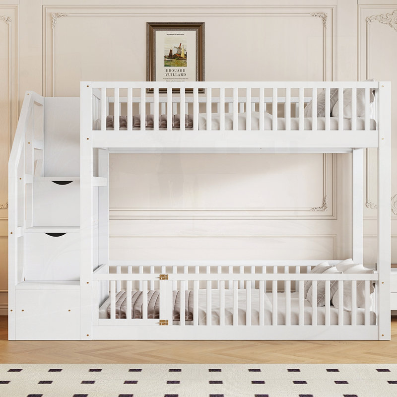 Lit superposé au sol avec escalier de rangement, Twin over Twin, White