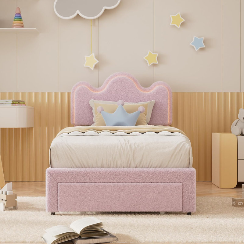 Upholstered Princess Platform Bed Frame with LED Lights, Flower-Shaped Headboard & Storage Drawers, Boucle Fabric Kids Bed, No Box Spring Required