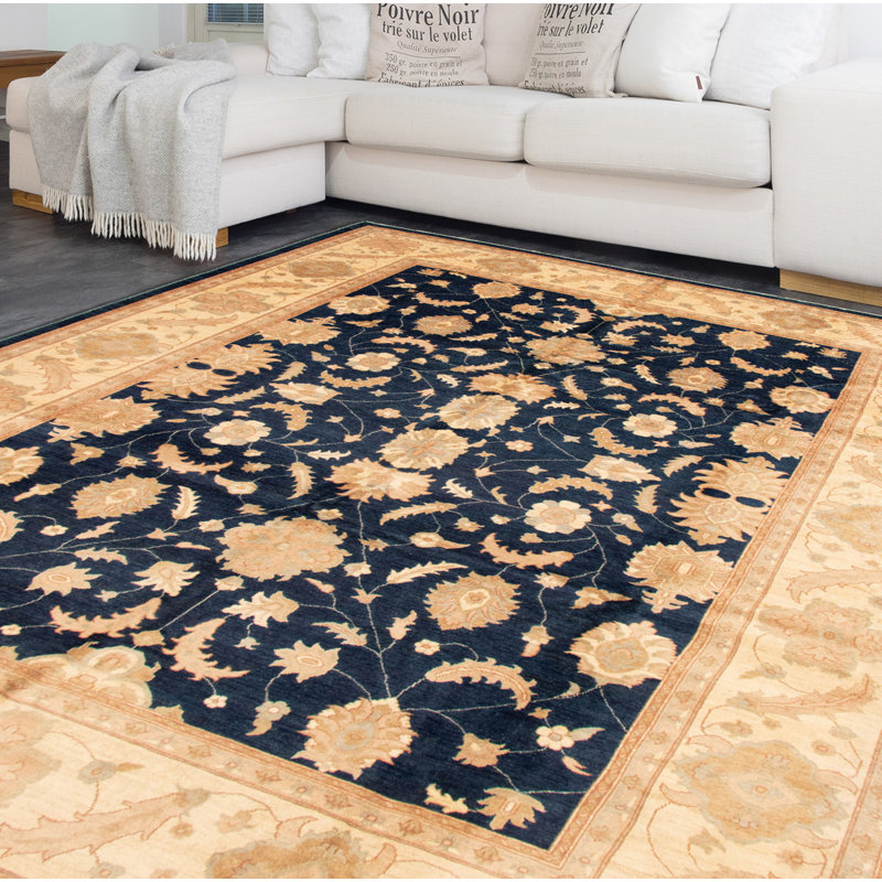Tapis unique en laine noué à la main bleu foncé 10 pi 1 po x 13 pi 9 po New Age Chobi