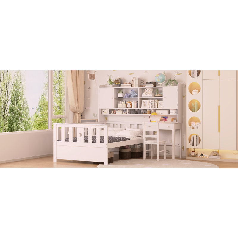 Multifunctional Wood Platform Bed with Bookshelf at the Head of the Bed, Built-in Desk and Matching Chair,