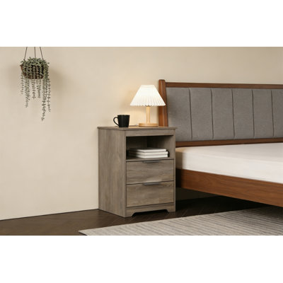 Table de chevet avec station de charge - Table d'appoint à 2 tiroirs avec tablette ouverte pour la chambre à coucher, le salon ou le bureau (conception moderne à grain de bois)