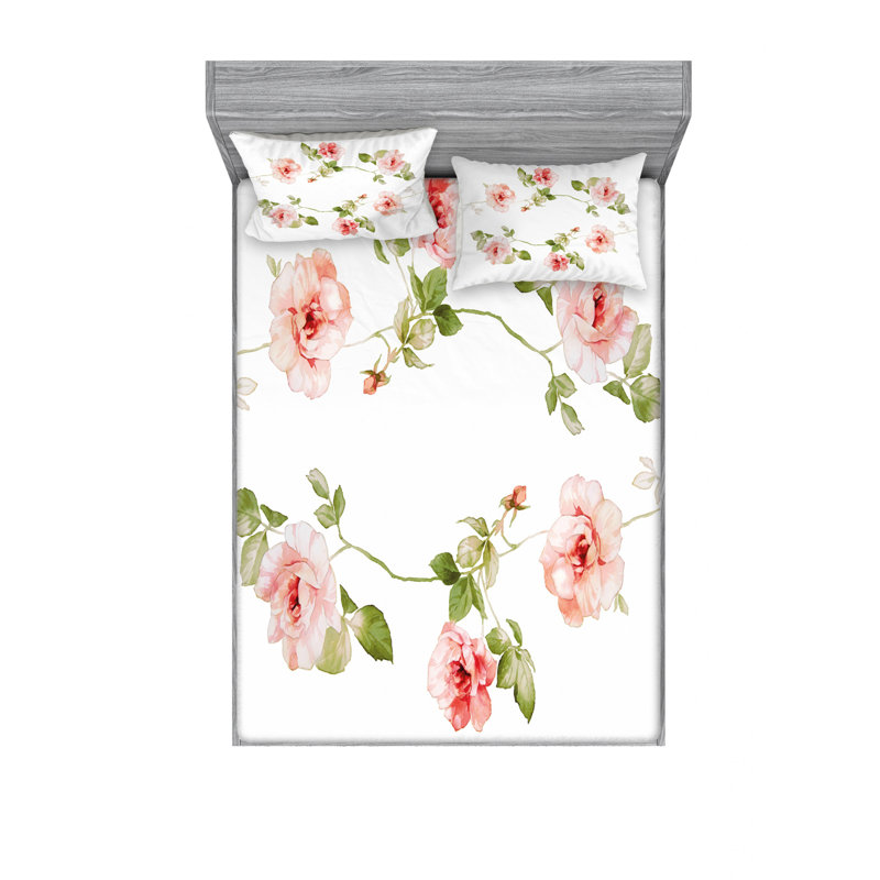 Microfiber Floral Sheet Set, Blooming Hydrangea Flowers, Queen Sheet Set with Fitted Sheet