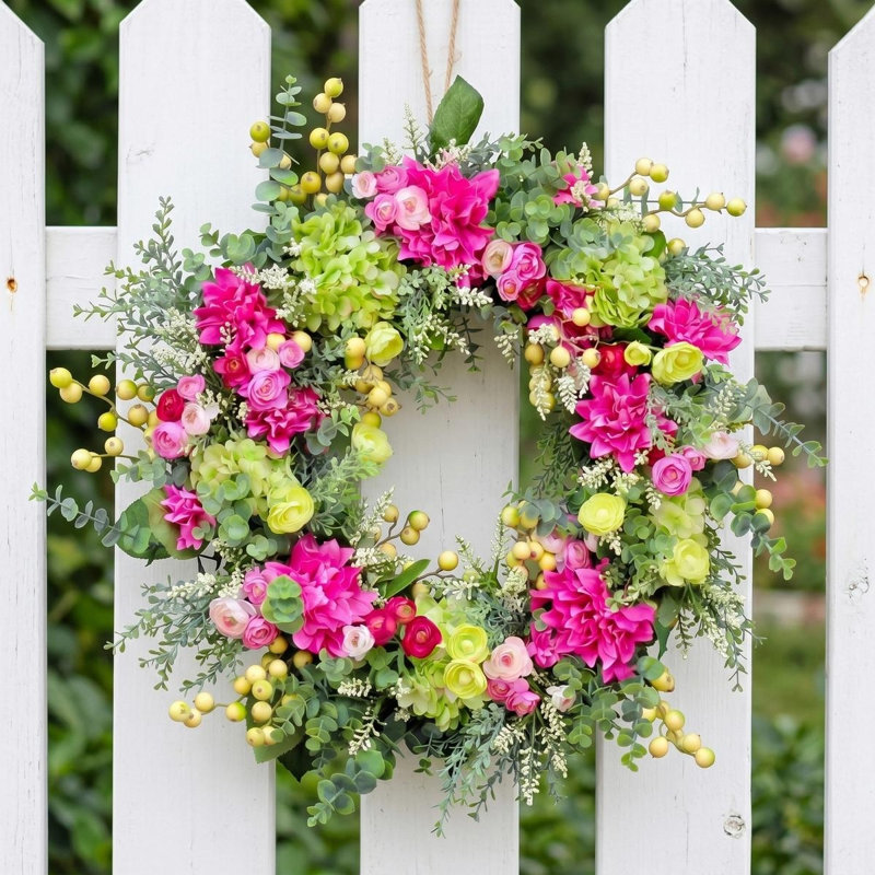Couronne d'eucalyptus 17,7 "avec fleurs lumineuses pour porte d'entrée 17,7" Summer Dahlia