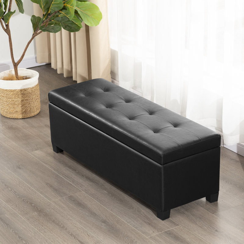 42" Faux Leather Storage Ottoman Bench With Tufted, Black