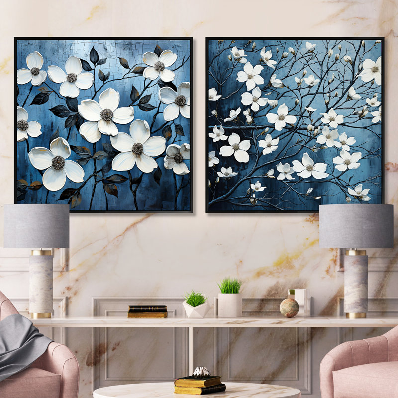 Blanc et noir cornouiller Bloompetal Whispers - cornouiller carré ensemble de 2, Cadre flottant noir, H 16 po x l 33 po