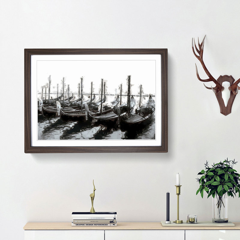 Docked Gondolas in Venice Italy in Abstract - Picture Frame Painting Print, 27cm H x 36cm W x 2cm D, Walnut Framed