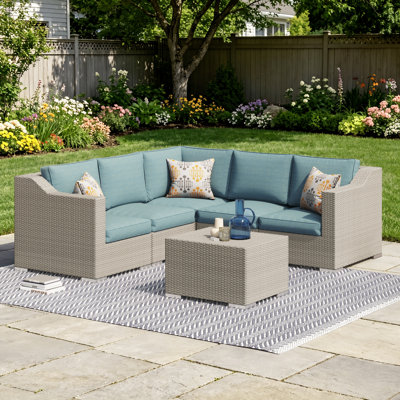 Ensemble de conversation modulaire en osier / rotin pour 5 personnes avec coussins et coussins Baecher (entièrement assemblé)