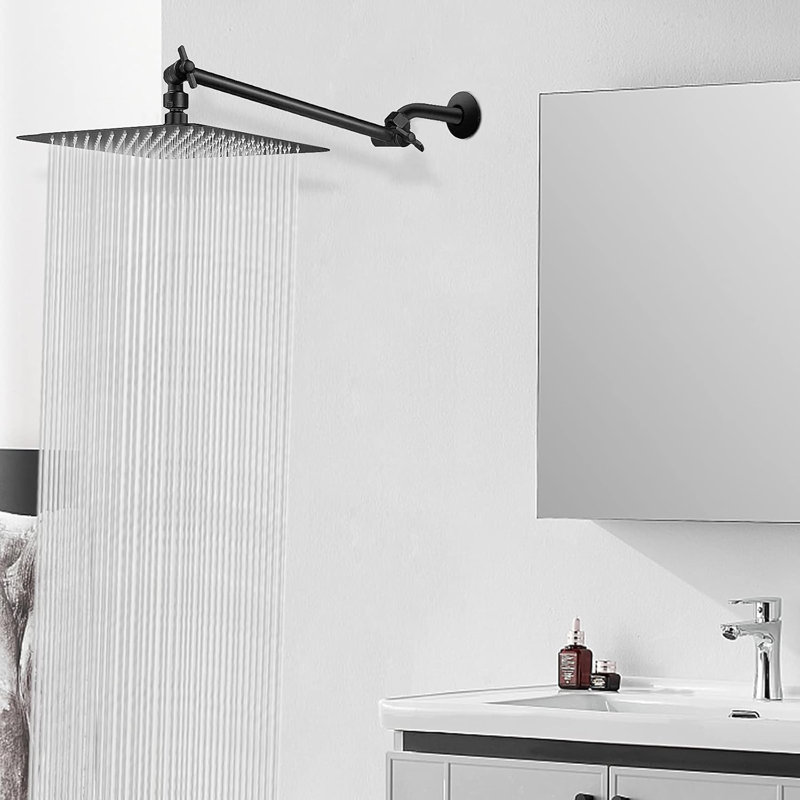 12" Matte Black Square Stainless Steel Rain Shower Head With Adjustable Brass Arm