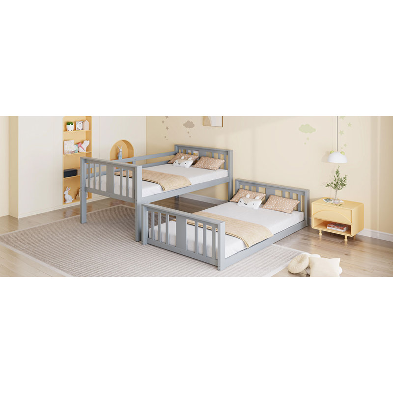 Twin Over Twin Solid Pine Bunk Bed With Full-Length Safety Guardrail, Grey