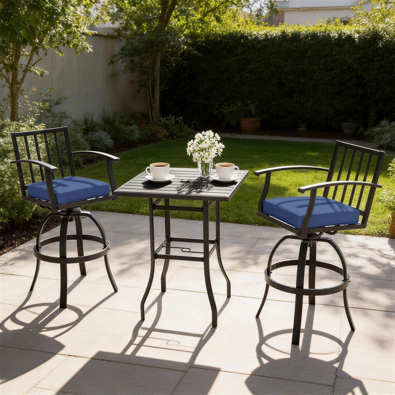 3-Piece Bar Dining Set With Swivel Armrest Chairs And Square Table, Navy, 2
