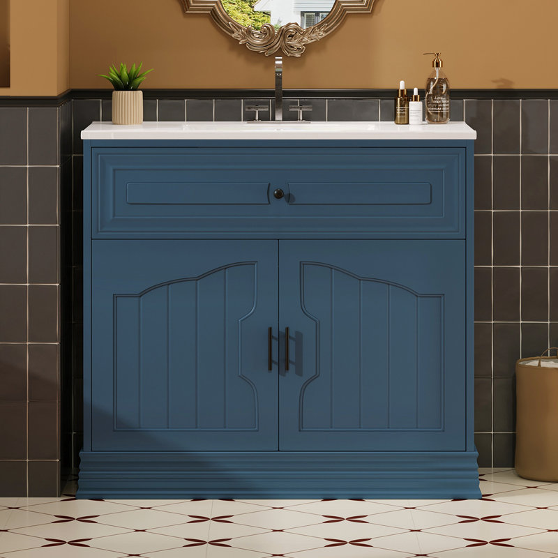 Meuble-lavabo de 36 po avec lavabo en céramique et 2 portes avec tablette, Bleu marine / Noir