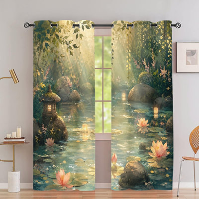 2PCS Grommet Blackout Curtains, Serene Japanese Garden Landscape Printed Drapes, Thermal Insulated Heat Blocking Noise Reducing Privacy Protection Window Curtains for Bedroom Living Kitchen Indoor Home Decor