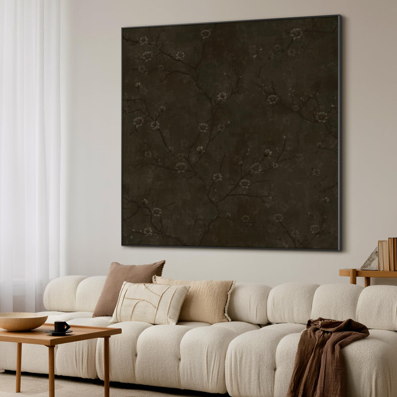 Très grande reproduction d'art sur tissu - Branches florales foncées sur fond brun, décoration pour le salon ou la chambre à coucher - «Assemblage requis du cadre (cadre non fini)»