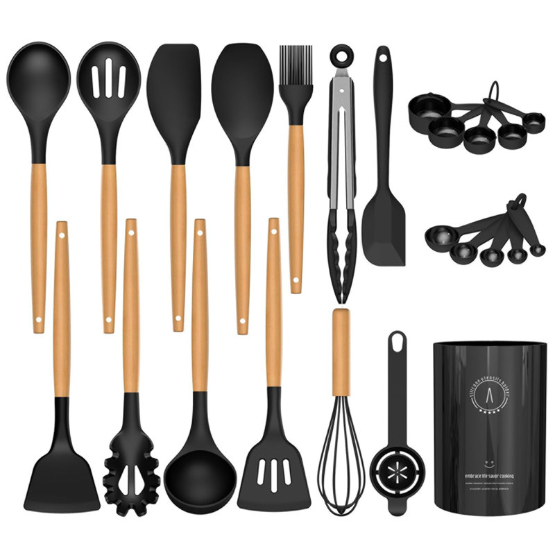 Ensemble 24 pièces d'ustensiles de cuisine en silicone, résistant à la chaleur antiadhésive, lavable au lave-vaisselle, sans BPA, noir