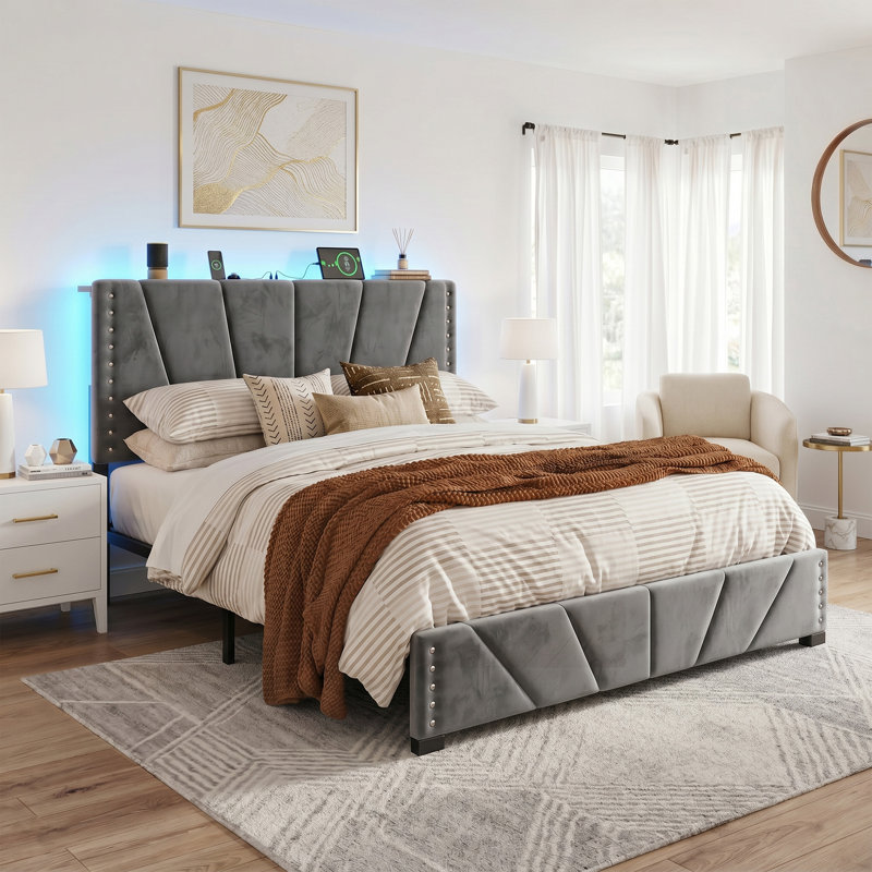 Lit plateforme de rangement double entièrement recouvert de velours avec tête de lit réglable en hauteur, éclairage DEL, station de recharge et espace de rangement sous le lit de 30 cm (11,8 po), sans sommier requis.