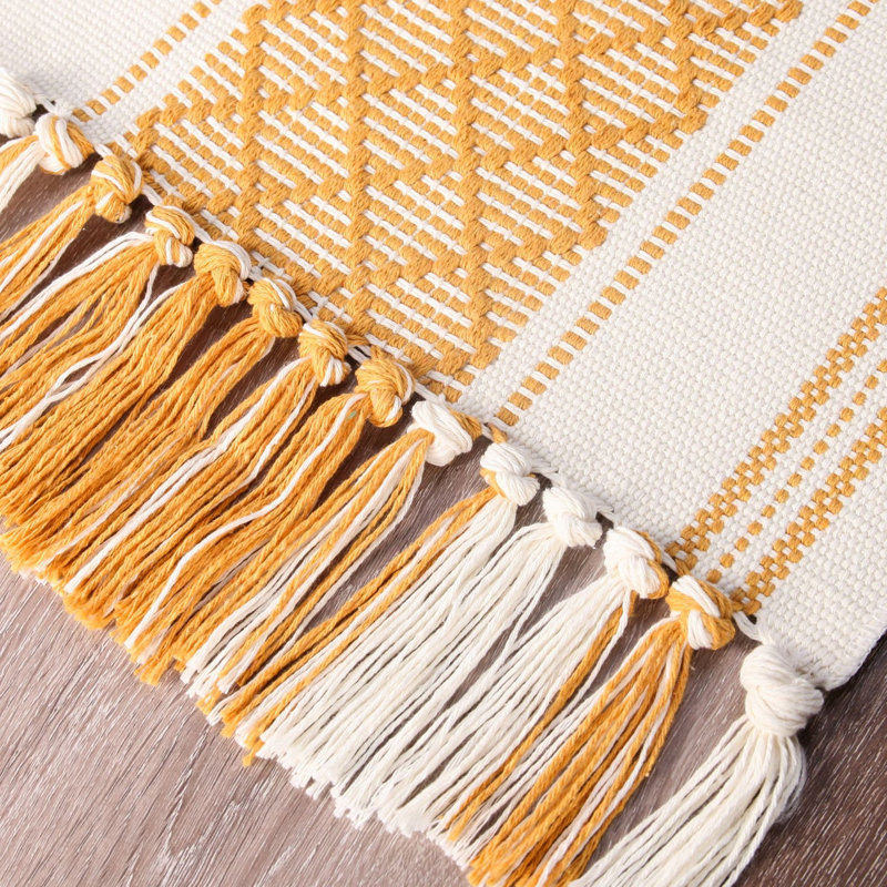 Table Runner With Tassel, Woven Scarf For Bedroom, Farmhouse Entry Console Table Cover With Fringe, Yellow