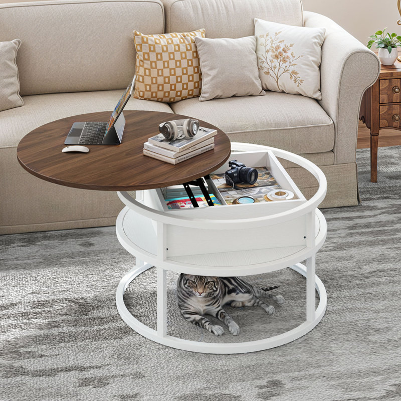 Lift Top Round Coffee Table with Storage, White, Wood, Espresso Wood