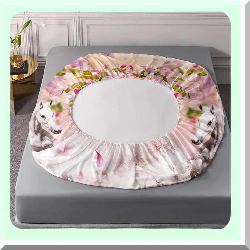 Spring Petals Horse Fitted Sheet Set - Full Size Pink Floral Bedding with Running Horses Pattern - Soft Decorative Fabric - All-Round Elastic Pocket