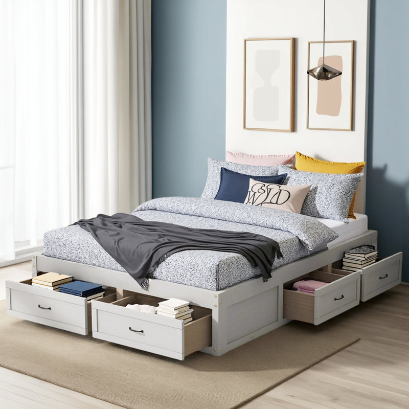  Lit plateforme avec 6 tiroirs de rangement - Conception moderne à profil bas et capacité de 350 lb, Blanc, Grand lit