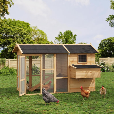 Poulailler en bois de 203 cm (80 pouces) de large, idéal pour l'extérieur, avec 2 portes, un pondoir et un système amovible.