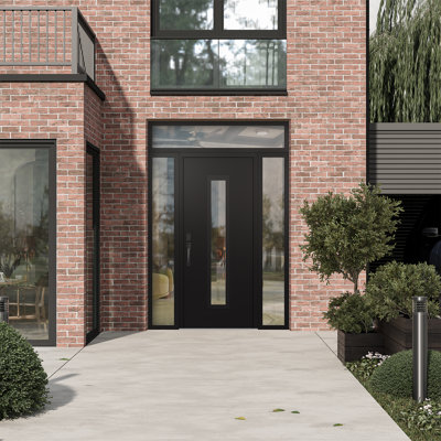 Diamond A11 Right-Hand 60 In. X 96 In. Panel Black Steel Black And Black Clear Glass With 2 Sidelites And Transom Clear Glass Prehung Front Entry Door
