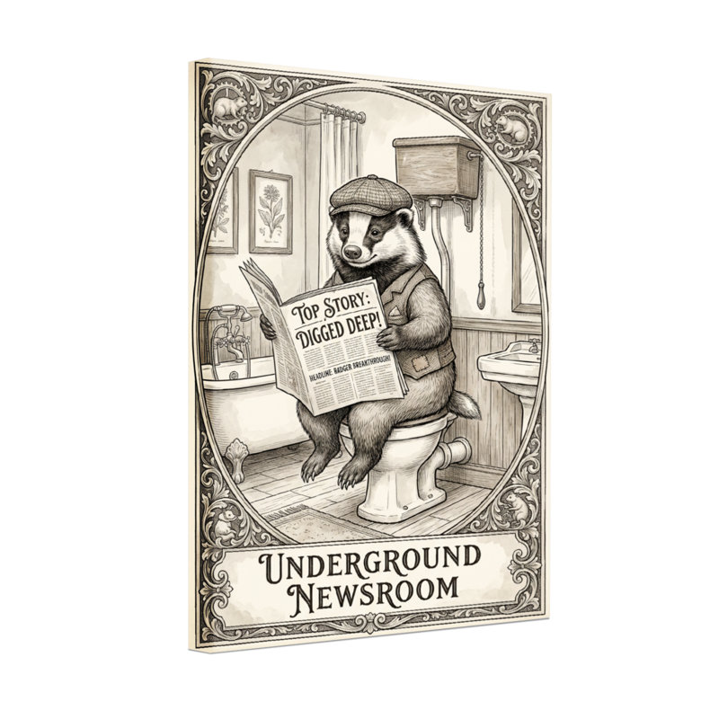 Bath & Laundry Badger lisant un journal sur une toilette, H 24 po x l 16 po