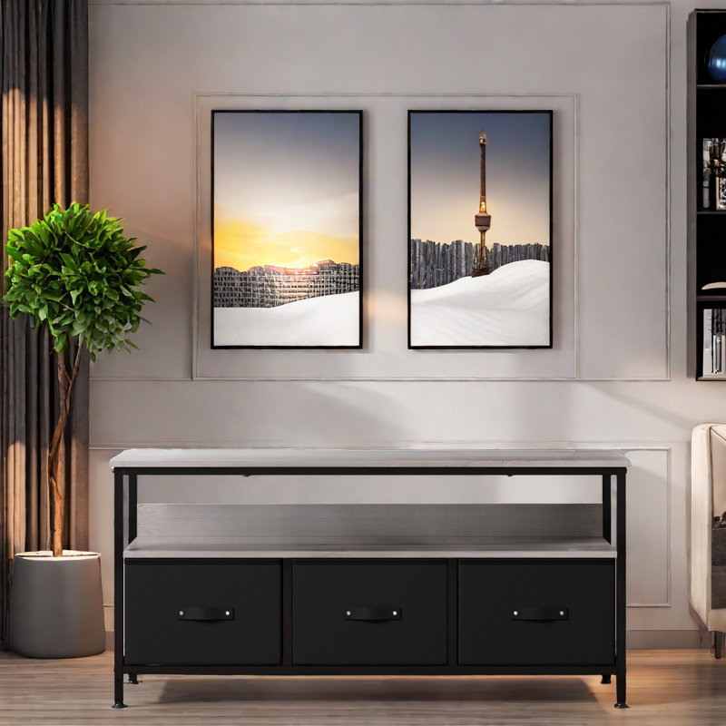 Meuble télé avec 3 tiroirs en tissu, Noir, noir, noir, noir